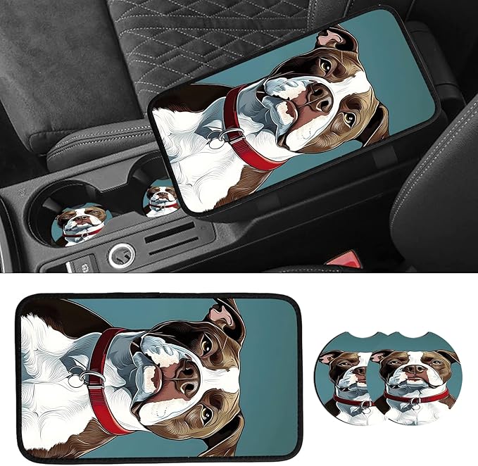 JANENFNA Car Armrest Cover Pads Universal Fashion Cute Auto Center Console Armrest Cover Pad with 2PCS Car Coasters Soft Waterproof Car Armrest Seat Protector for Women,Cute Bulldog