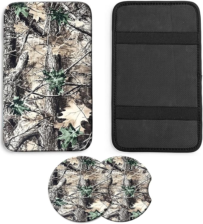 JANENFNA Car Armrest Cover Pads Universal Fashion Cute Auto Center Console Armrest Cover Pad with 2PCS Car Coasters Soft Waterproof Car Armrest Seat Protector for Women,Camouflage Leaves