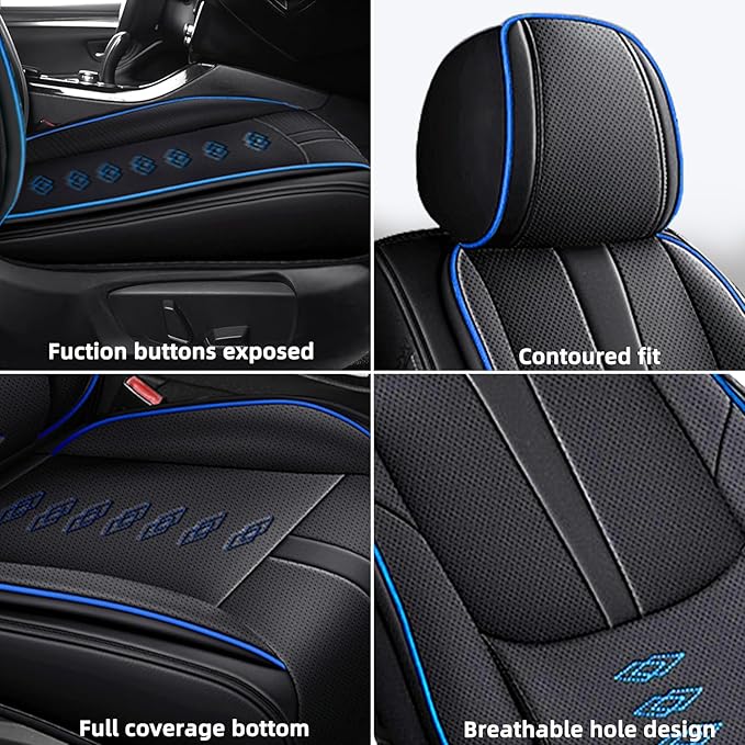 Premium Universal Car Seat Cover, Comfortable Leather Seat Cover for 96% of Models, Waterproof Car Seats Protectors Cushions for 2 Seats(Black+Blue)