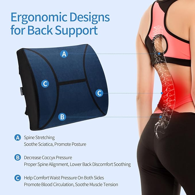 Zickskt Lumbar Support Pillow for Office Chair - Memory Foam Back Cushion for Chair, Car, Couch - Lumbar Pillow Promotes Better Posture, Back Pain Relief with Adjustable Strap & Non-Slip