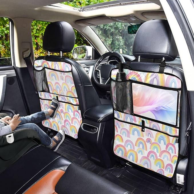 2 Pack Back Seat Car Organizer with Storage Pockets Kick Mats Back Seat Protector Hanging Car Organizer Automotive Seat Back Cover Organizers Gradient Cute Rainbows