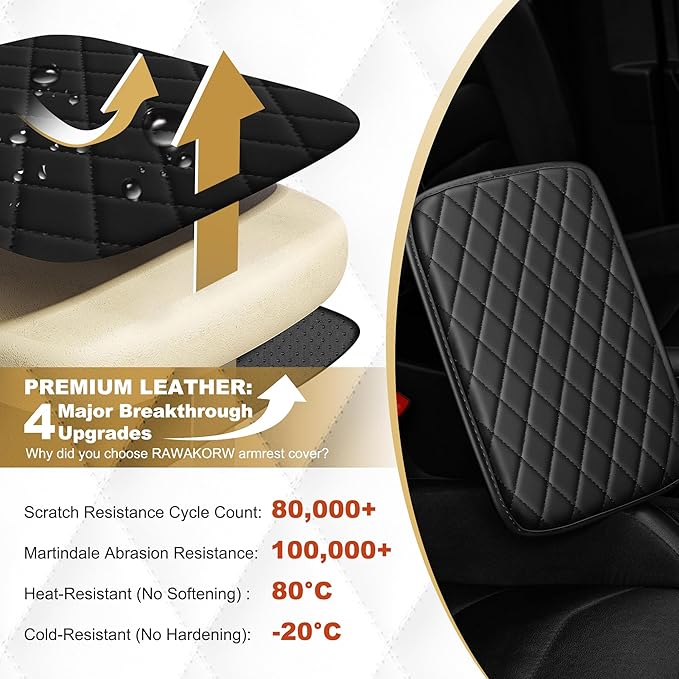 Center Console Cover for RLX: Armrest Cover for Car with 2 Storage Bags - Scratch & Wear Resistant & Waterproof Leather Console Cover,Anti-Scratch Auto Armrest Pad Accessory （Black