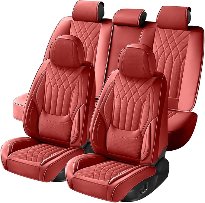 GEZHOUBA Red Car Seat Covers Full Set, Luxury Faux Leather Red Seat Covers for Cars Front and Back Seats Protector, Waterproof Full Wrapped Covers Universal Fit for Most Cars Sedans SUVs