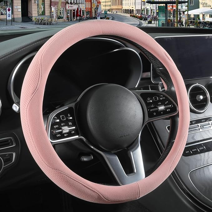 14 inch Pink Suede Steering Wheel Cover, Breathable Non-Slip Sweat-Proof Wear-Resistant No Pilling, Warm in Winter and Cool in Summer