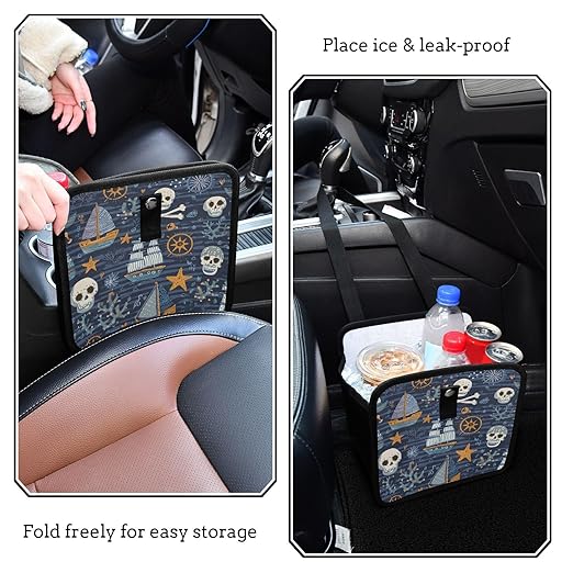 Car Trash Can Organizer Bin with Adjustable Strap for Back Front Seat Console Waterproof Leakproof Collapsible Portable 11 Inch Blue Pirate Skulls Sailboats Starfish and Compass