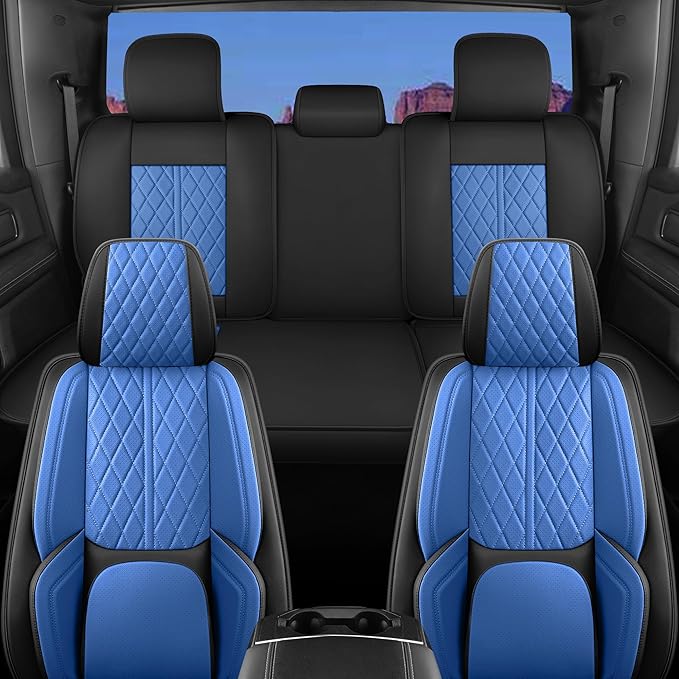 Universal seat Covers Fit for Cars, SUV, Sedans, with Durable and Breathable Leather(Black & Blue, Full Set)