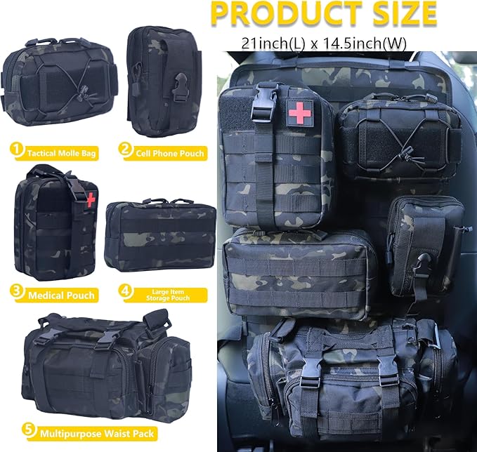 Tactical Car Seat Back Organizer Bag Tactical Molle Vehicle Organizers Panel Vehicle Protector Organizers with 5 Detachable Pouches for Car Truck Ford (Black camo)