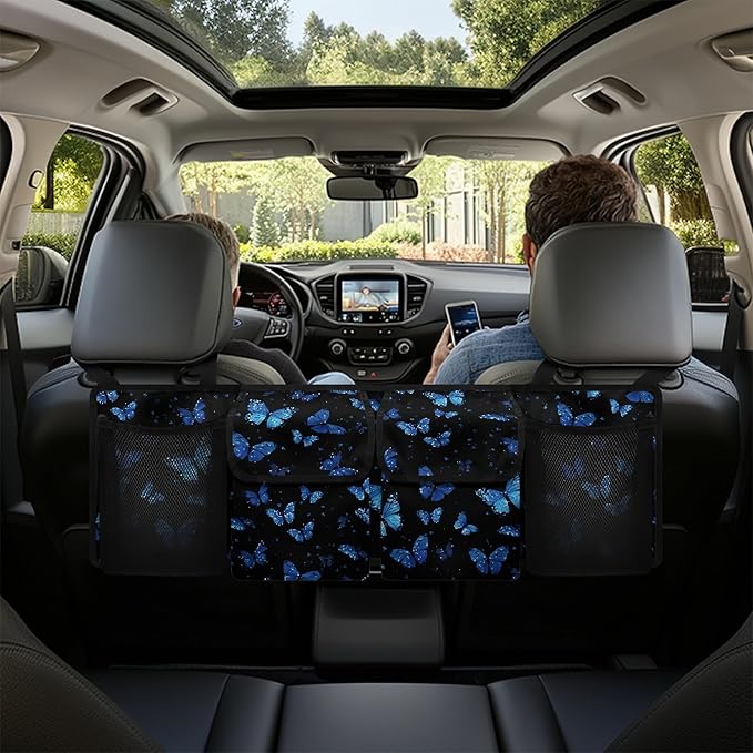 CLOHOMIN Blue Butterfly Car Trunk Organizer for Sedan Truck SUV Fashion Auto Trunk Mesh Storage Easy to Install Car Rear Seat Hanging Storage Bag Car Accessories