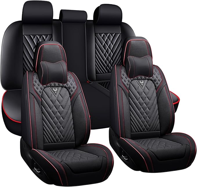 BYXN Car Seat Covers for Jeep Wrangler 2000-2026,Breathable Nappa Leather Car Seat Protector,Full Seat Cover with Pillow Automotive Seat Cushion with Airbag Compatible(5 Seats,Black-Red)