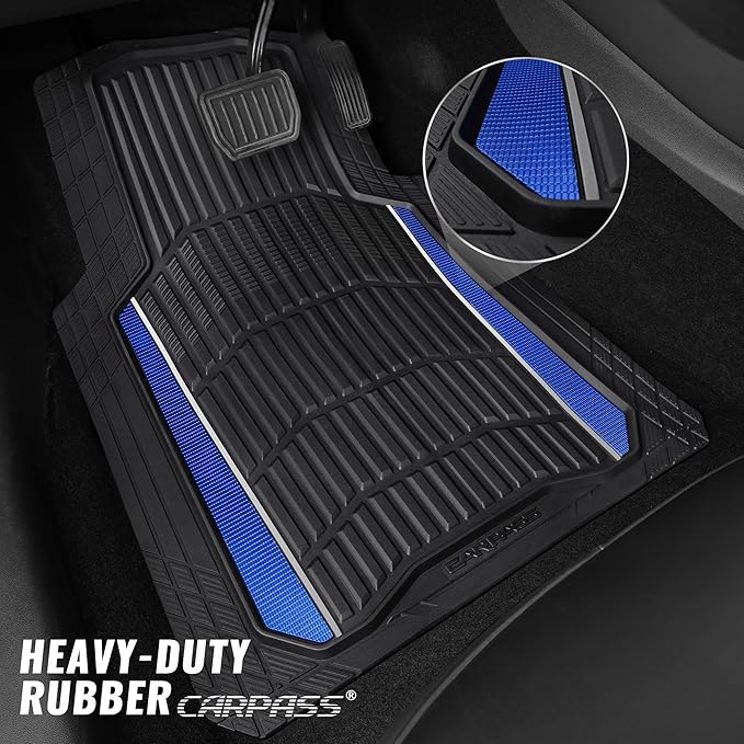CAR PASS Heavy Duty Rubber Car Floor Mats, Deep Waterproof Car Floor Mats All Weather, Aluminum Film Floor Mats for Cars Non-Slip Universal Trim to Fit for SUVs Trucks Sedans Vans, Black Blue Metallic