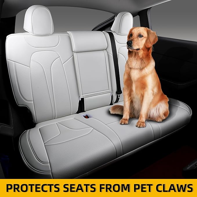 OURPLOT Custom Fit Seat Covers for 2020-2024 Tesla Model Y (5-Seater), Waterproof Nappa Leather, OEM Factory Style Full Set Car Seat Protectors Airbag Compatible - White