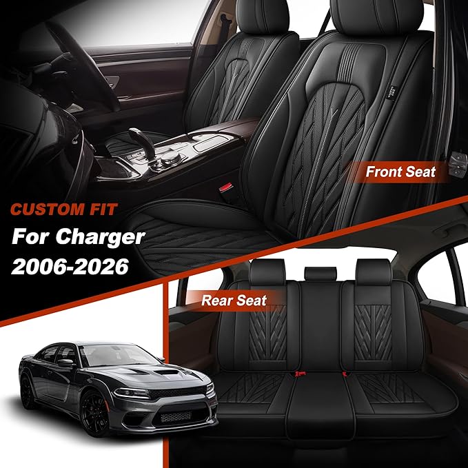 TTX LIGHTING Seat Covers Fit for Dodge Charger 2006-2026 Seat Covers Full Set Car Seat Covers Faux Leather Breathable Waterproof Car Seat Protector (5 Seats, Black)