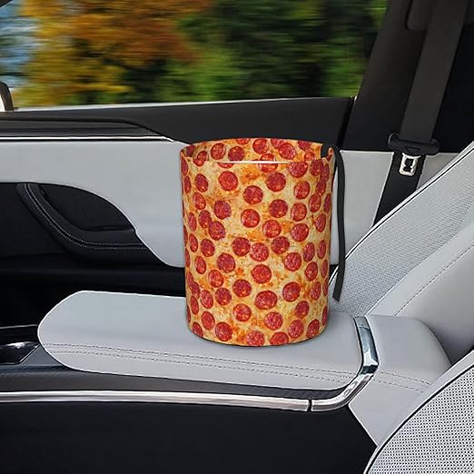 KXWQTRDD Car Garbage Bag Pizza Pepperoni Mini Car Trash Bin Portable Collapsible Waterproof Rubbish Bag for Car Accessories Back Front Seat Cup Holder