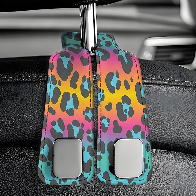AXBSAKDI Car Seat Back Storage Headrest Hook, Premium Leather Double Metal Hook, Hanger Storage Organizer for Purse Cloth Bag, Car Interior Accessories Colorful Cute Leopard