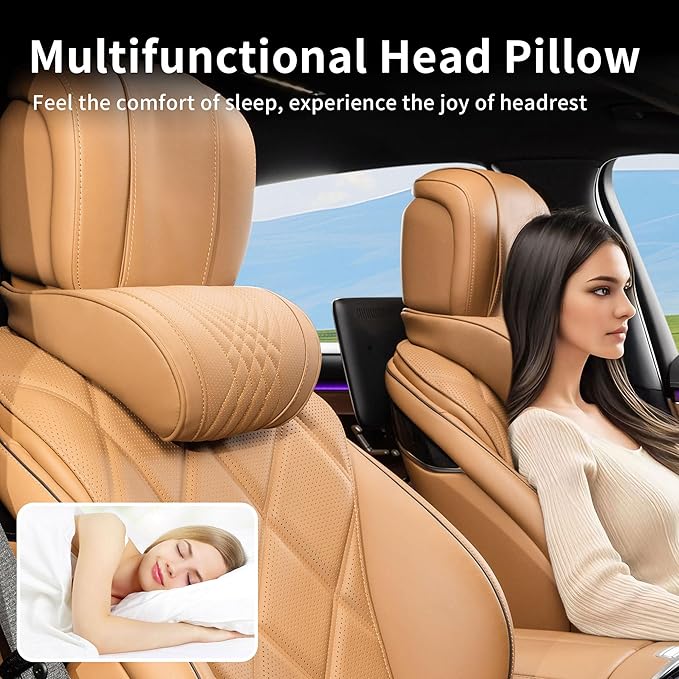 Dapucarin Car Headrest Memory Foam Neck Pillow for Driving with Leather Cover Soft Comfortable Seat Head Pillow Cushion for Most Cars SUV Sedan Home Office Palomino Brown (2PC)