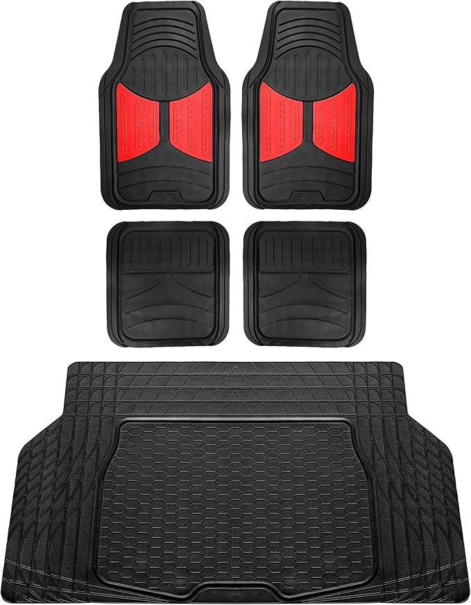FH Group Monster Eye Full Set Rubber Floor Mats w. Trimmable Vinyl Trunk Liner/Cargo Mat Black- Fit Most Car, Truck, SUV, or Van (Red/Black) F11313- F16403