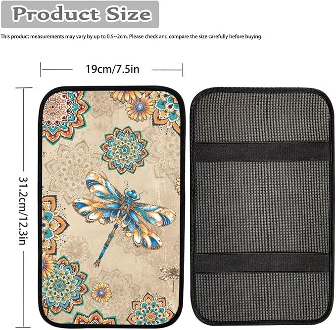 Dragonfly Print Car Center Console Armrest Cover Boho Mandala Flower Print Armrest Box Protector Cover Universal Fits Truck Sedan SUV, Auto Interior Decor