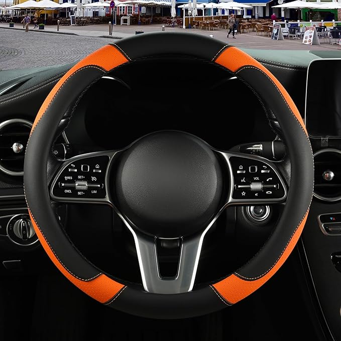 Binsheo Microfiber Leather Steering Wheel Cover, Breathable, Anti Slip, 13.5 inch to 14 inch, Black with Orange