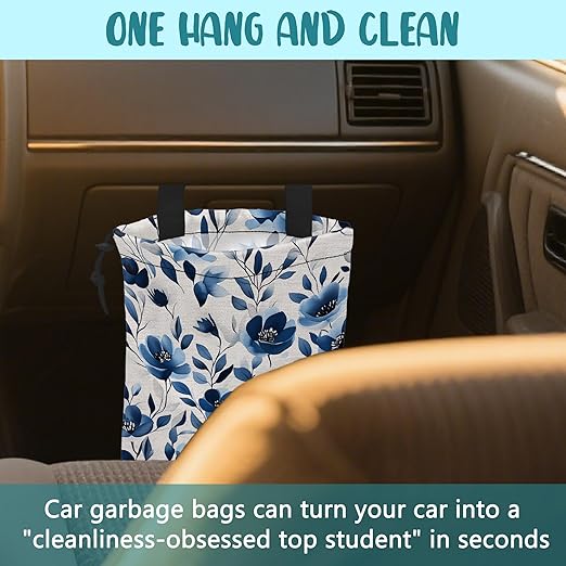 KXWQTRDD Car Trash Bag Watercolor Blue Flowers Leak-Proof Car Garbage Bag with Drawstring Foldable Canvas Trash Bin with Adjustable Buckle for Car Accessories