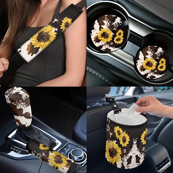 Dngkaoje Sunflower Car Seat Covers Set for Women 13 Pack Cute Cow Print Auto Interior Seat Protective Hanging Trash Bag,Seatbelt Shoulder Pads,Universal Steering Wheel Cover Sunflower Armrest Pad