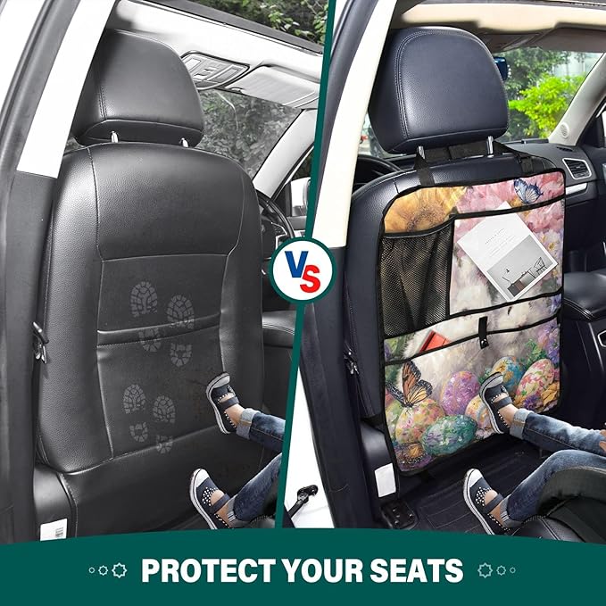 2 Pack Back Seat Car Organizer with Storage Pockets Kick Mats Back Seat Protector Hanging Car Organizer Automotive Seat Back Cover Organizers Easter Bunny Eggs Sunlowers