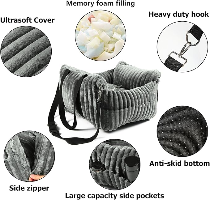 HOMLOVE Dog Car Booster Seat, for Small Dogs Under 30 lbs, Detachable Washable Travel Bed with Storage Pockets and Safety Belt (Grey, Medium)