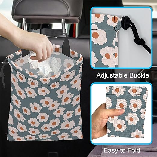 ghatobty Car Trash Bag Hanging White Daisy Car Trash Can Waterproof Garbage Bag Hanging for Car Back Seat
