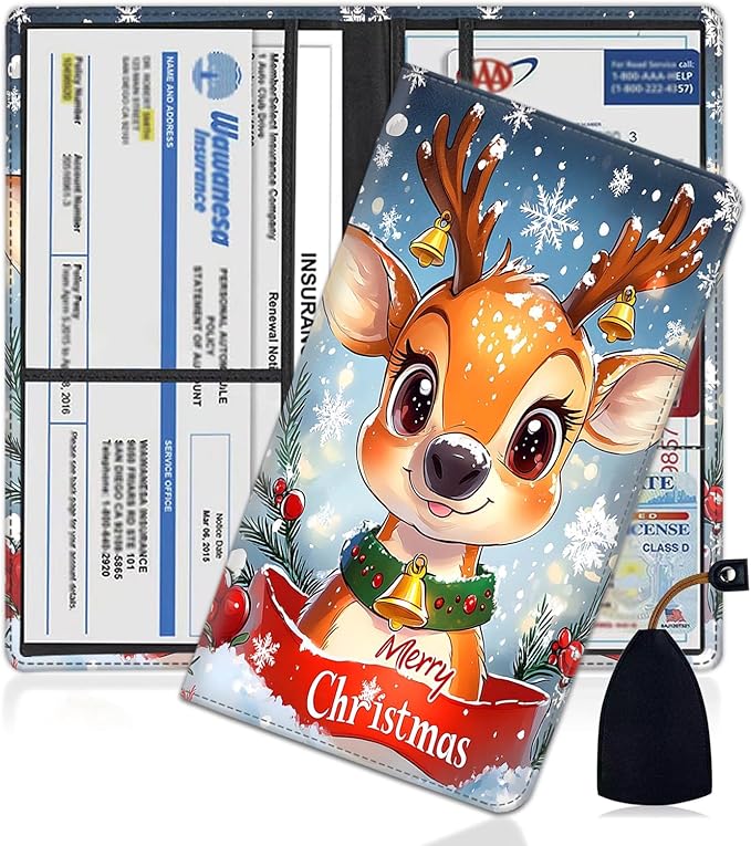 Car Registration Holder, PU Leather Vehicle Glove Box Organizer for Driver License, Document, Car Insurance Holder with Magnetic Shut, Auto Paperwork Wallet Case Accessories, Christmas Reindeer