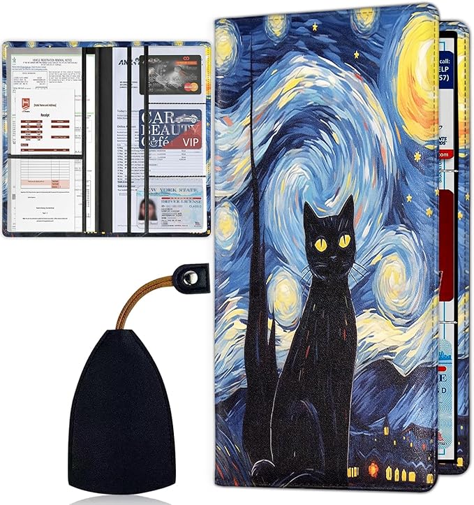 Car Document Holder with Magnetic Shut, Car Registration & Insurance Card Holder, Waterproof PU Leather Glove Box Organizer Vehicle Accessories Driver License for Women/Men, Star Cat Pattern