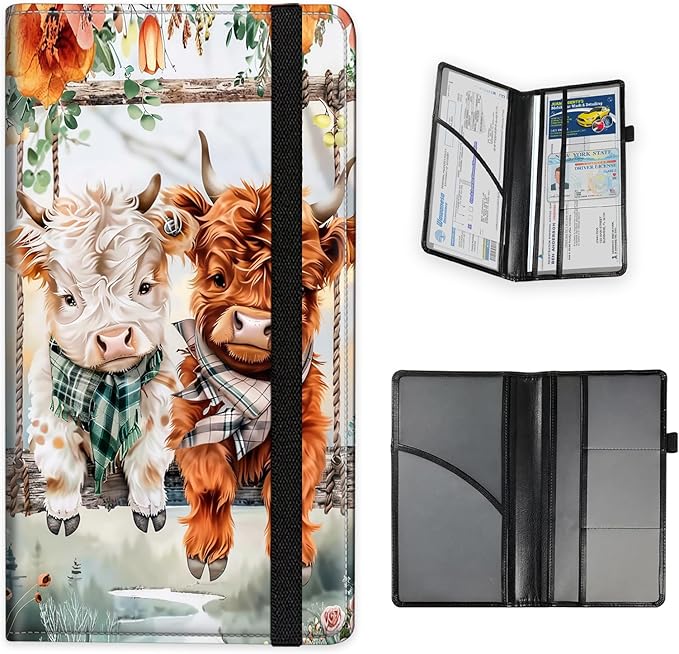 Tudguiloae Car Registration and Insurance Card Holder, Trunk Document Holder Organizer, Essential Vehicle Glove Box Organizer Leather Wallet or Driver, Cute Highland Cows