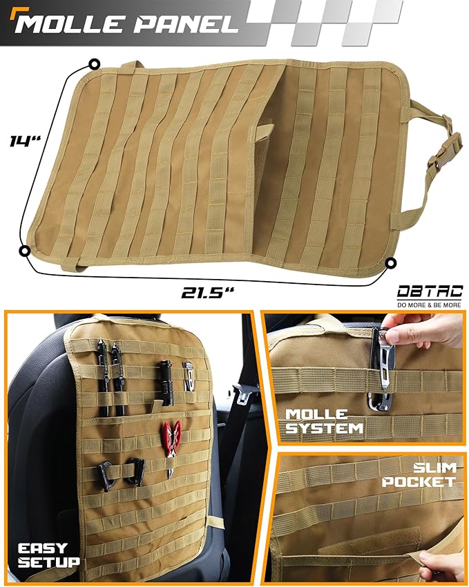 DBTAC Tactical Molle Car Seat Organizer | Vehicle Back Panel with 5X Detachable Pouches, US Flag & Writable Reflective Patch for Cars, Trucks, SUVs, Sedans