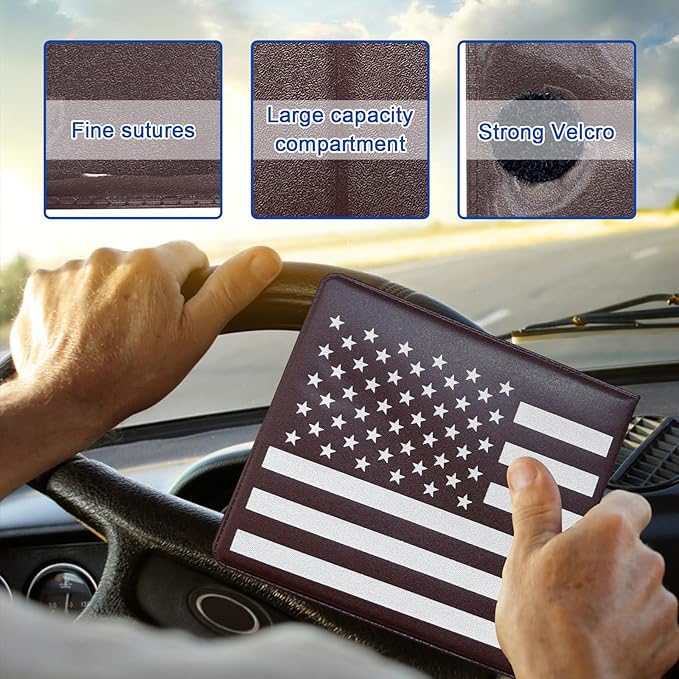 Ziciner Car Registration Insurance Holder, 2Pack Essential Auto Card Document Glove Box Organizer with Touch Fastener, Vehicle Interior Accessories Perfect for Most Car, Truck, SUV (Brown/Back Flag)