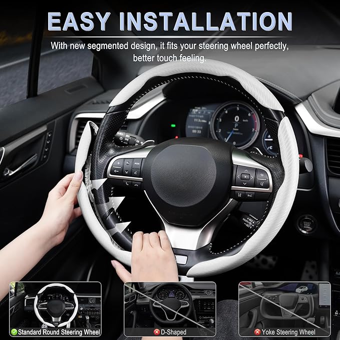 Amiss 3pcs Carbon Fiber Anti-Skid Steering Wheel Cover, Waterproof & Segmented Butterfly Design, Universal 99% Vehicle Wheel Cover Protector, Car Interior Accessories, White