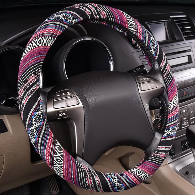 CAR PASS Boho Steering Wheel Cover, Ethnic Flax Cloth Universal Steering Wheel Cover,Anti-Slip Design, Fit 14.5-15 inches for Vehicles,Cars,SUV,Vans