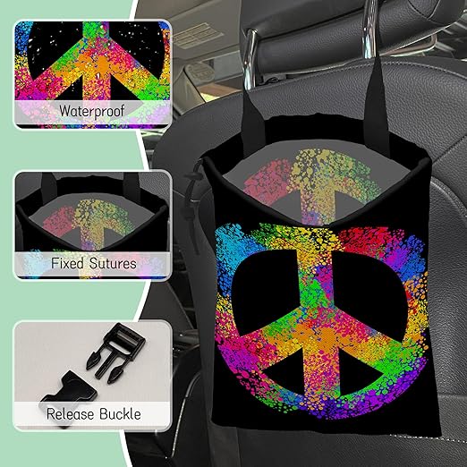 NHNXHWIA Love and Peace Car Garbage Bag,Waterproof Small Car Trash Bag Hanging Back of Seat,Drawstring Hanging Car Trash Bag with Adjustable Buckle for Car Accessories