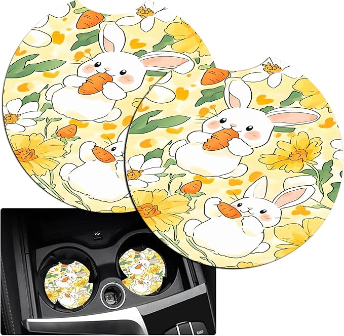 JANENFNA Car Armrest Cover Pads Universal Fashion Cute Auto Center Console Armrest Cover Pad with 2PCS Car Coasters Soft Waterproof Car Armrest Seat Protector for Women,Cute Rabbit