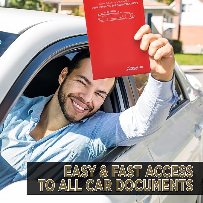 Andalus Auto Registration & Insurance Card Holder Pack of 1, Waterproof Essential Car Registration Holder with Hook & Loop Closure, Perfect for Every Vehicles Glove Boxes (Red - 9.5" x 5.15")