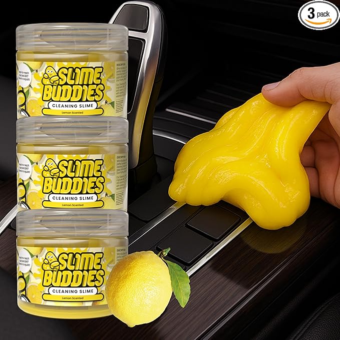 Slime Buddies Car Cleaning Gel Putty - 3 Pack Lemon Scented Interior Detailing Tool for Cup Holder, Air Vent & Keyboard - Reusable Auto Detailing Accessories - Dust Remover Goop - Gifts for Men Women