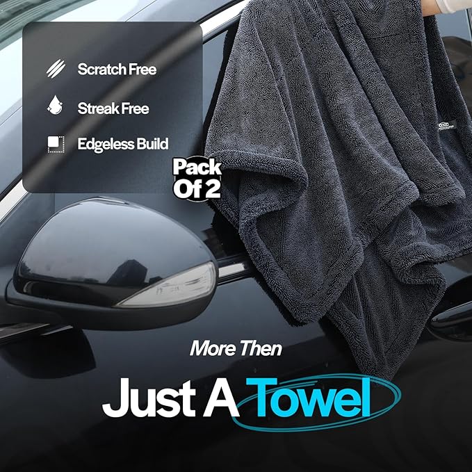 Crystal Clean 2-Pack 1300GSM Microfiber Towels for Cars – XL (36x24) Car Drying Towel with Double Twisted Loop, Professional Detailing Towel for Car Detailers - Quick Dry, Paint Safe & Swirl-Free