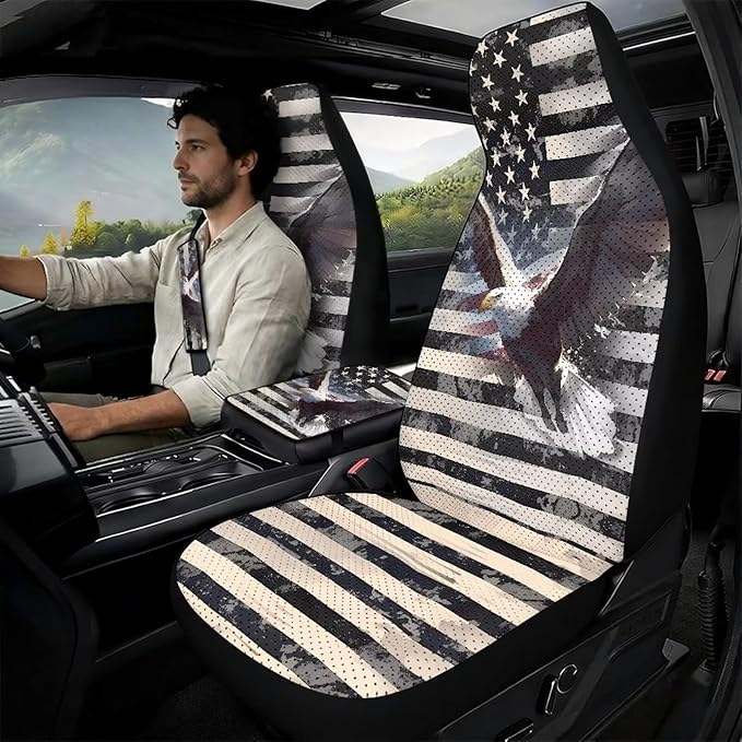 Oramclsy American Flag 5 Pack Auto Accessories Set Eagle Car Seat Covers Full Set + Heavy Duty Armrest Pad + Car Seat Belt Pads Universal Size Accessories
