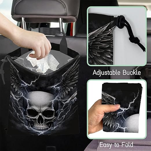 NHNXHWIA Skull Lightning Car Garbage Bag,Waterproof Small Car Trash Bag Hanging Back of Seat,Drawstring Hanging Car Trash Bag with Adjustable Buckle for Car Accessories