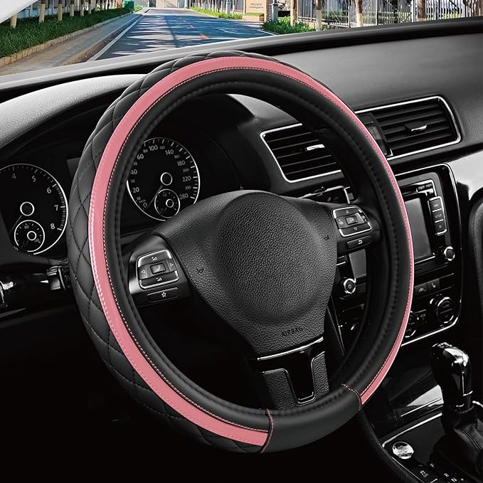 Road Comforts Leather Steering Wheel Cover – Black & Pink, Universal Fit 14.5-15 Inch, Microfiber Leather, Anti-Slip & Breathable Design for Men and Women