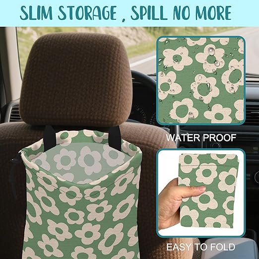 KXWQTRDD Car Garbage Bag Vintage Green Groovy Flowers Drawstring Car Trash Bag Hanging for Back Seat with Adjustable Buckle Canvas Vehicle Trash Can Easy-to-Install