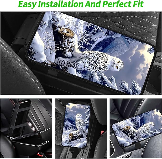 JANENFNA Car Armrest Cover Pads Universal Fashion Cute Auto Center Console Armrest Cover Pad with 2PCS Car Coasters Soft Waterproof Car Armrest Seat Protector for Women,Snowy Owl
