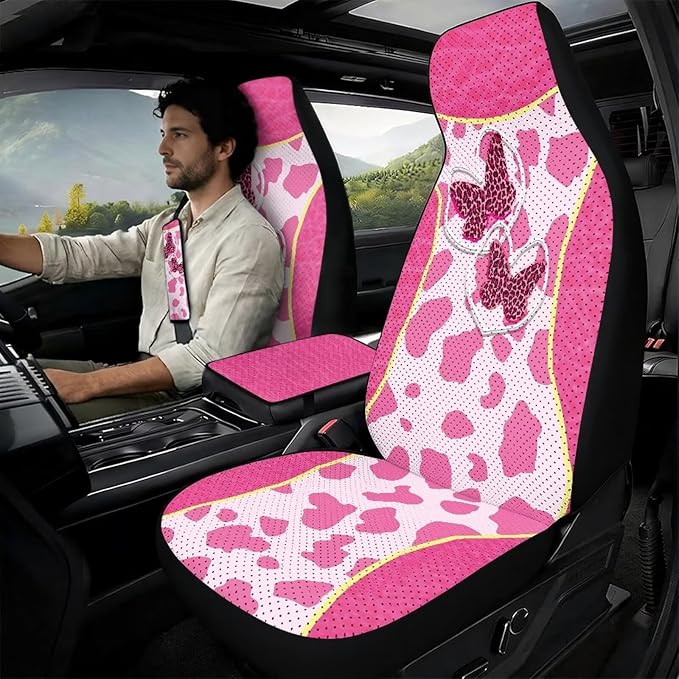 Psesaysky Pink Cow Butterfly Car Seat Cover Set of 5, Breathable Front Seat Protectors for Vehicles with 2 Seat Belt Covers and 1 Console Pad, Gifts for Women Men