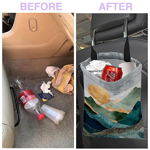 UUCBTAH Car Trash Bag Hanging Golden Mountain Sun Car Trash Can for Back Seat Waterproof Car Garbage Can with Adjustable Straps and Drawstring for Car Accessories Vehicle Travelling Camping