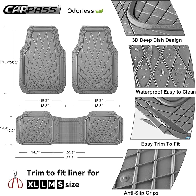 CAR PASS Heavy Duty Rubber Car Floor Mats, Deep Dish All Weather Car Mats Full Set, 3 Piece Waterproof Premium Anti-Slip Floor Mats Rugs Universal Trim to Fit for 95% Sedan SUV Van Truck, All Gray