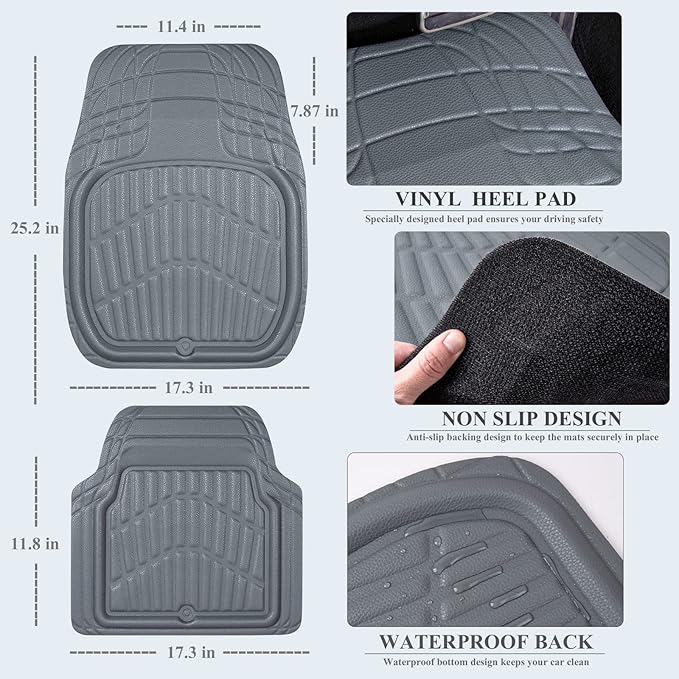 CASS Pass 4 Piece Leather Car Floor Mats -3D Waterproof All Weather, Universal Trim to Fit & Anti-Slip Burr Bottom Safety & Light Easy Clean Install for SUV Truck Auto Sedan Van (Gray)