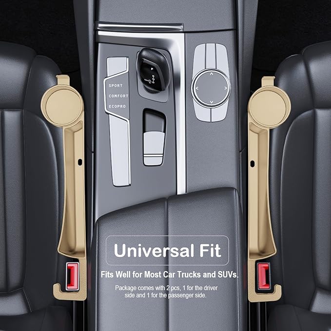 Car Seat Gap Plug with Storage Slot, Auto Gap Filler Organizer with Cup Holder, Universal Carseat Side Gap Filler Strip 2 Pack Between Front Seats & Console, Anti-Drop Pad with Seatbelt Holes, Beige