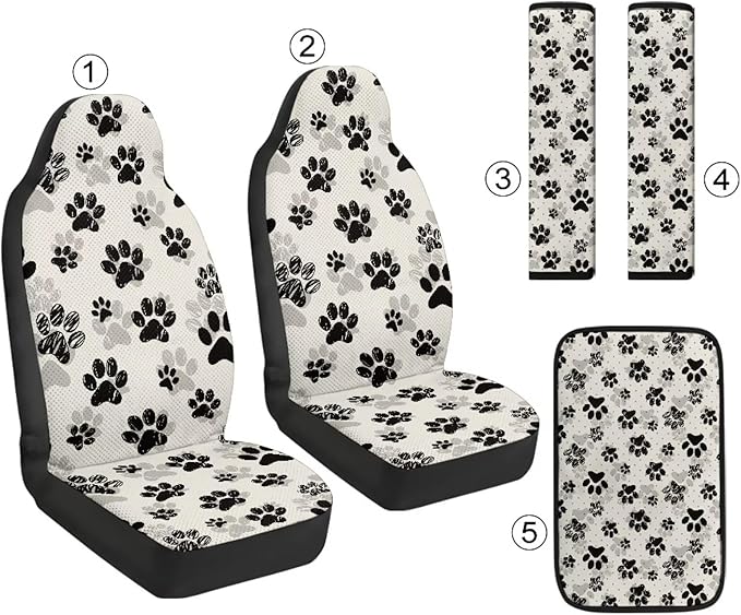 Qeluxign Paw Print Auto Seat Covers with Car Center Console Cover, Belt Cover PU Leather Breathable Full Set Bucket Seat Covers, Pack of 5, Universal Fit for Sedan,SUV
